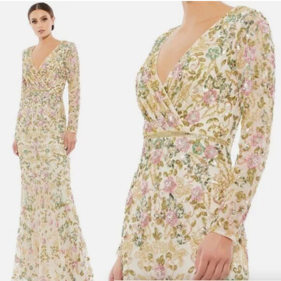 MAC DUGGAL 5503 LONG SLEEVE FLORAL EMEBLLISHED NUDE EVENING GOWN sz 6 - Picture 3 of 5